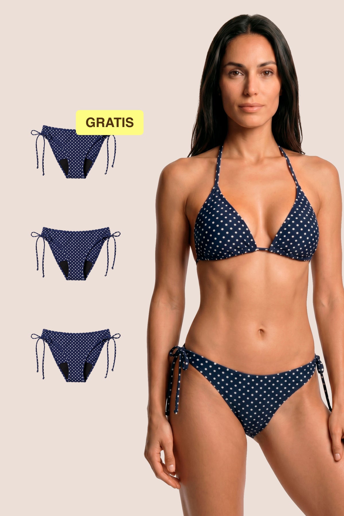Perioden-Bikini | Brasilianisch mit Knoten | Blau mit Punkten