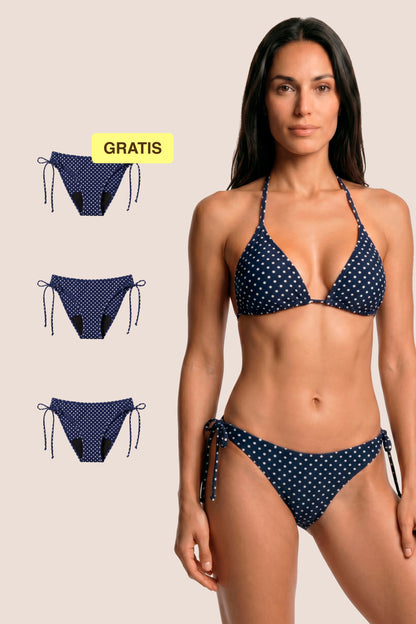 Perioden-Bikini | Brasilianisch mit Knoten | Blau mit Punkten