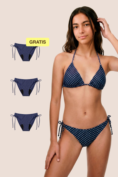 Perioden-Bikini für Teens | Brasilianisch mit Knoten | Blau mit Punkten