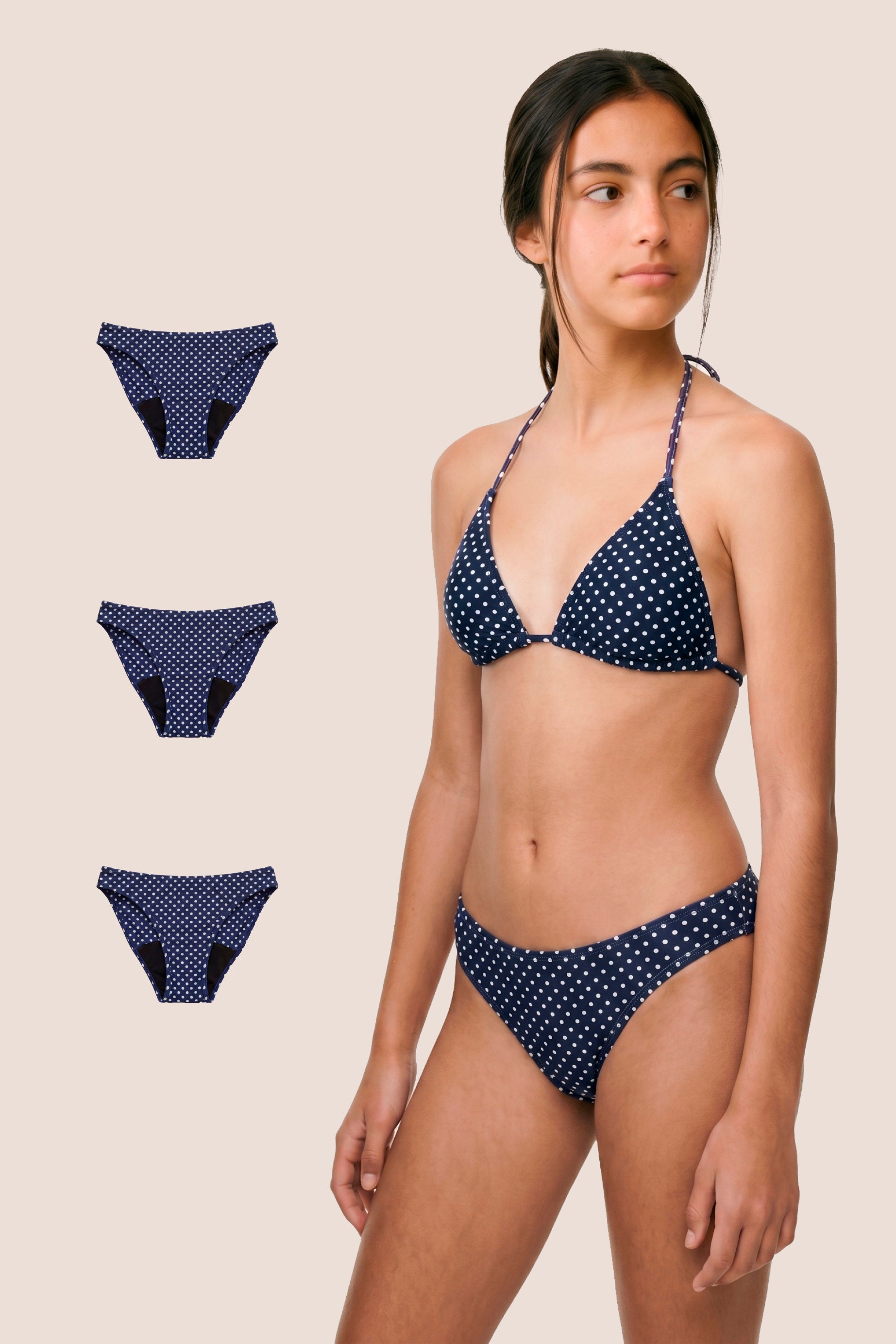 Perioden-Bikini für Teens Klassisch Blau mit Punkten pack 3 general